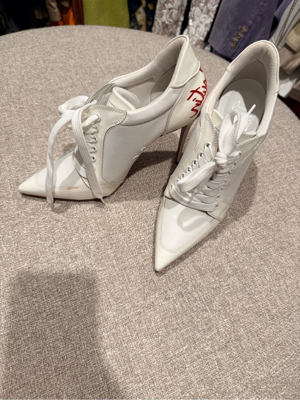 Christian Louboutin Pom Pom White Pointed Lace-Up Stiletto Heels with Red Script